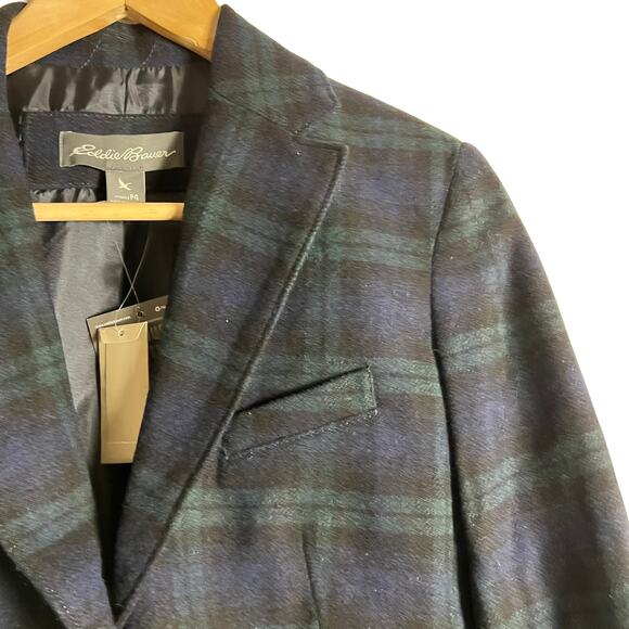 Eddie Bauer Navy Blue Green Wool Blend Plaid Blazer Jacket Women’s 4 Petite - Picture 3 of 10